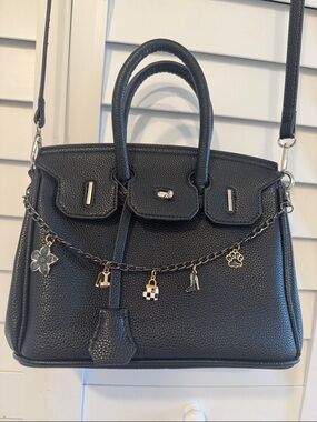 Hermes Black Pebbled Satchel with Charm Chain Accents